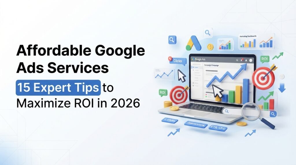 Affordable Google Ads Services featured image showing Google Ads campaign analytics, ROI growth charts, PPC optimization, and digital marketing strategies for maximizing return on investment in 2026.