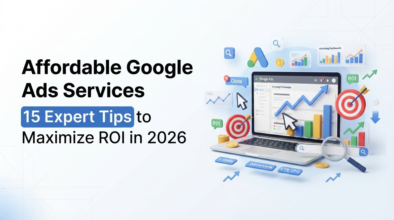Affordable Google Ads Services featured image showing Google Ads campaign analytics, ROI growth charts, PPC optimization, and digital marketing strategies for maximizing return on investment in 2026.