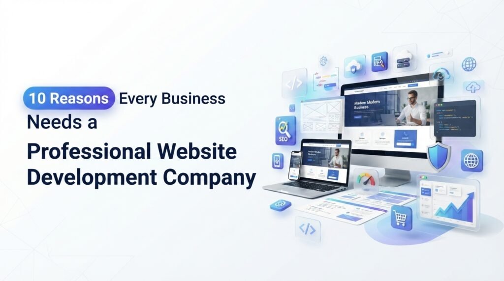 Professional Website Development Company featured image showing responsive website design, web development workspace, coding, UI/UX design, SEO optimization, and business website solutions.