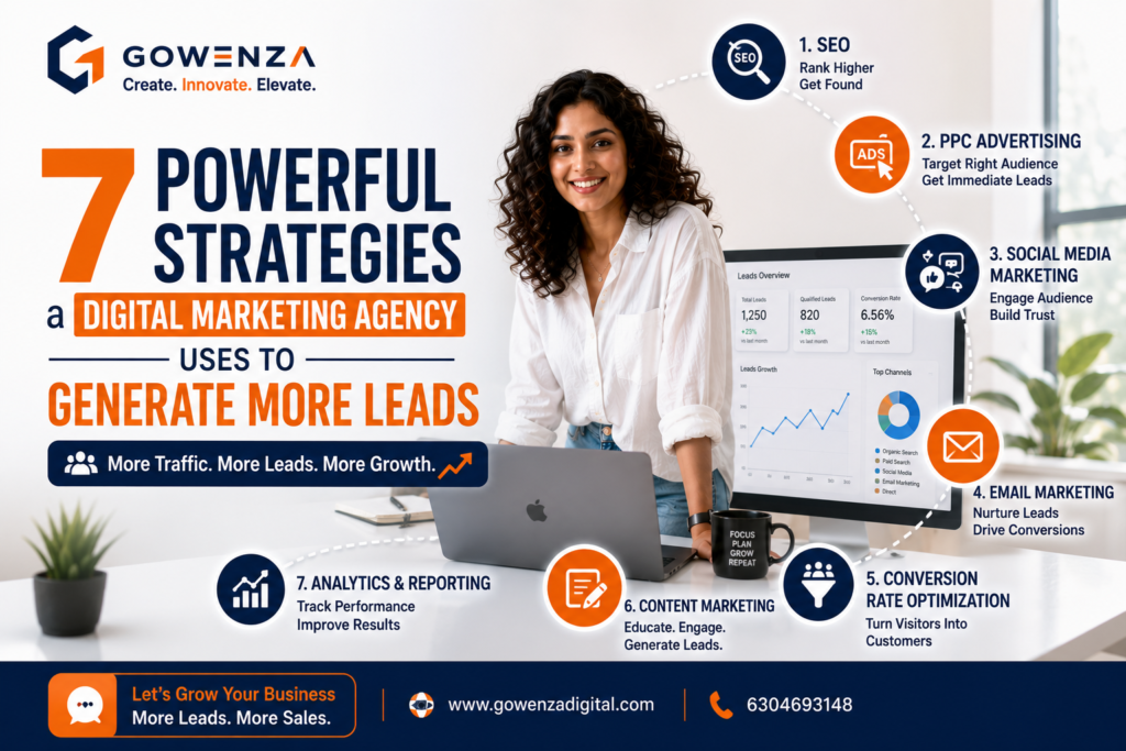 Featured image for 7 powerful strategies a digital marketing agency uses to generate more leads through SEO, PPC, social media marketing, content marketing, and conversion optimization.