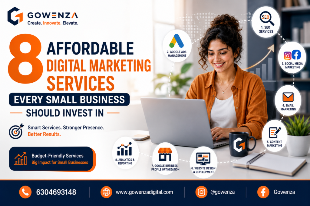 Featured image for 8 affordable digital marketing services every small business should invest in, including SEO, social media marketing, Google Ads, content marketing, website design, and email marketing.