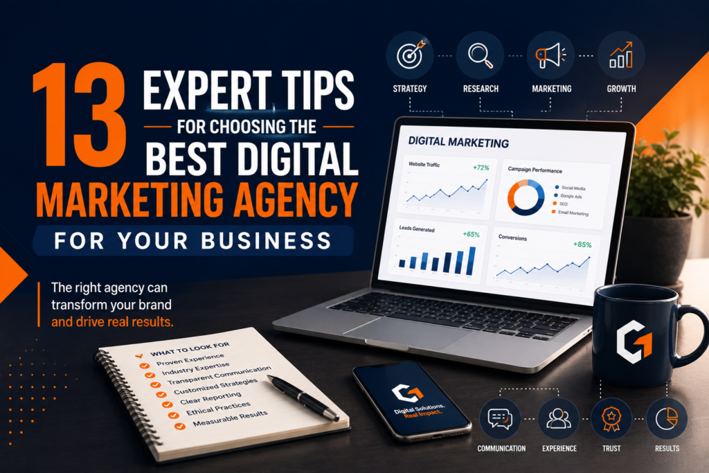 Featured image for 13 expert tips for choosing the best digital marketing agency for your business, highlighting key factors like experience, SEO, social media marketing, PPC, transparency, and proven results.