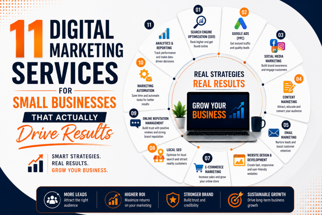 Digital marketing services for small businesses showcasing 11 essential strategies that drive more leads, increase online visibility, improve conversions, and deliver measurable business growth.