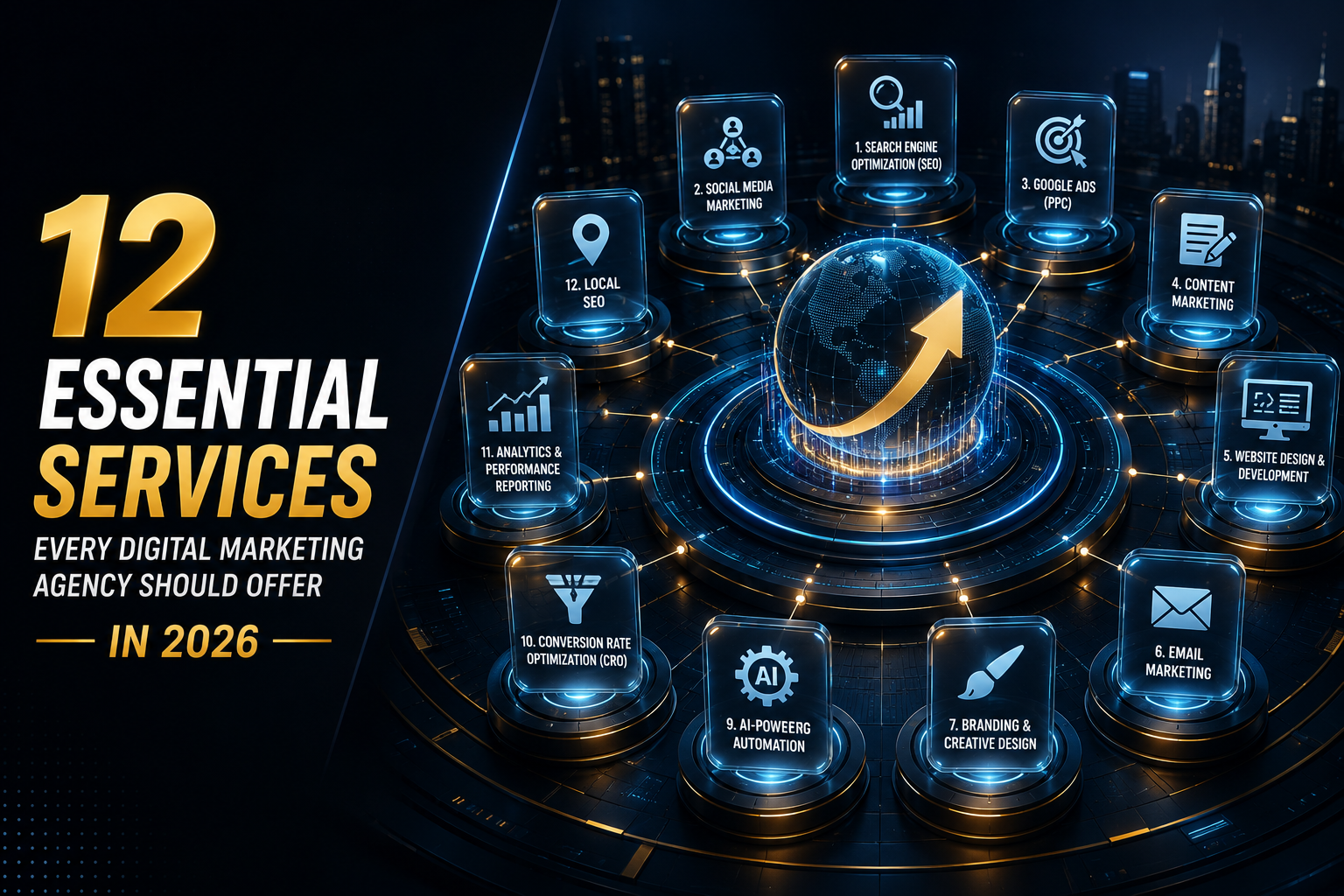 ## 🎨 Flow Prompt – Premium Blog Featured Image ### **12 Essential Services Every Digital Marketing Agency Should Offer in 2026** > Create a **high-end editorial-style blog featured image** for the article **"12 Essential Services Every Digital Marketing Agency Should Offer in 2026."** > > The design should feel like the hero banner of a premium SaaS company or a Fortune 500 consulting firm's website—not a promotional ad or AI-generated artwork. > > **Canvas:** 16:9 landscape (1920×1080). > > ### Concept > > Design a futuristic **Digital Marketing Command Center** viewed from an isometric perspective. Instead of showing laptops or phones, feature a sophisticated circular platform with twelve illuminated service pillars connected by glowing digital pathways, symbolizing a complete digital marketing ecosystem. > > At the center, place a sleek holographic globe with dynamic data streams and a rising growth arrow to represent business expansion in 2026. > > ### Around the platform, create twelve elegant floating holographic panels representing: > > * Search Engine Optimization (SEO) > * Social Media Marketing > * Google Ads (PPC) > * Content Marketing > * Website Design & Development > * Email Marketing > * Branding & Creative Design > * Marketing Automation > * AI-Powered Marketing > * Conversion Rate Optimization (CRO) > * Analytics & Performance Reporting > * Local SEO > > Use minimalist premium icons with subtle glowing connections rather than text-heavy labels. > > ### Background > > Create a luxurious dark environment with: > > * Abstract digital architecture > * Floating geometric structures > * Light trails > * Soft volumetric lighting > * Digital grid floor > * Depth of field > * Floating particles > * Elegant reflections > > Keep **40% clean negative space on the left** for the article title. > > ### Color Palette > > * Matte Black (#111111) > * Deep Indigo (#1B2A6B) > * Electric Cyan (#00C8FF) > * Soft White (#F8FAFC) > * Metallic Gold (#D4AF37) > > ### Style > > * Premium editorial > * Apple keynote aesthetic > * Microsoft Build visual style > * Adobe MAX branding > * Luxury SaaS design > * Photorealistic 3D > * Glassmorphism > * Cinematic lighting > * Ultra-detailed > * High contrast > * Clean minimal composition > > ### Requirements > > * No people or faces > * No laptops or smartphones > * No social media platform logos > * No company logos > * No watermark > * No excessive text > * Avoid clutter > * Make it suitable as a premium business blog hero image for 2026 > * Emphasize innovation, strategy, and business growth through elegant abstract visuals ### Negative Prompt > laptop, smartphone, office desk, business people, handshake, stock photo, Facebook logo, Instagram logo, LinkedIn logo, Google logo, cluttered layout, cartoon, flat illustration, clipart, watermark, blurry, low quality, AI artifacts, excessive text, outdated design, neon overload, oversaturated colors, duplicate objects, cheap graphics, pixelated, unrealistic perspective