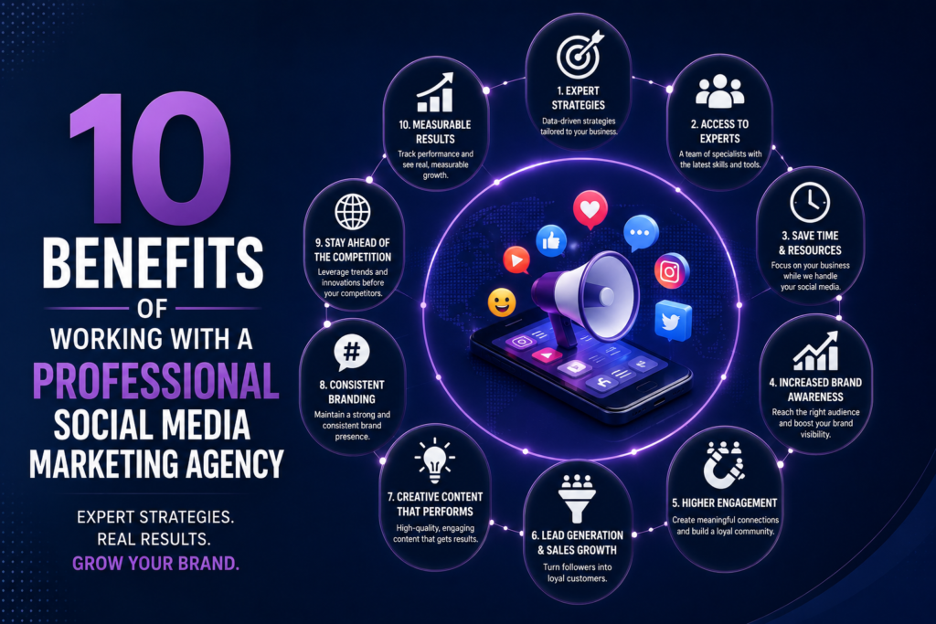 Professional social media marketing agency showcasing 10 benefits of social media marketing services that help businesses increase brand awareness, generate leads, improve engagement, and drive sales growth.