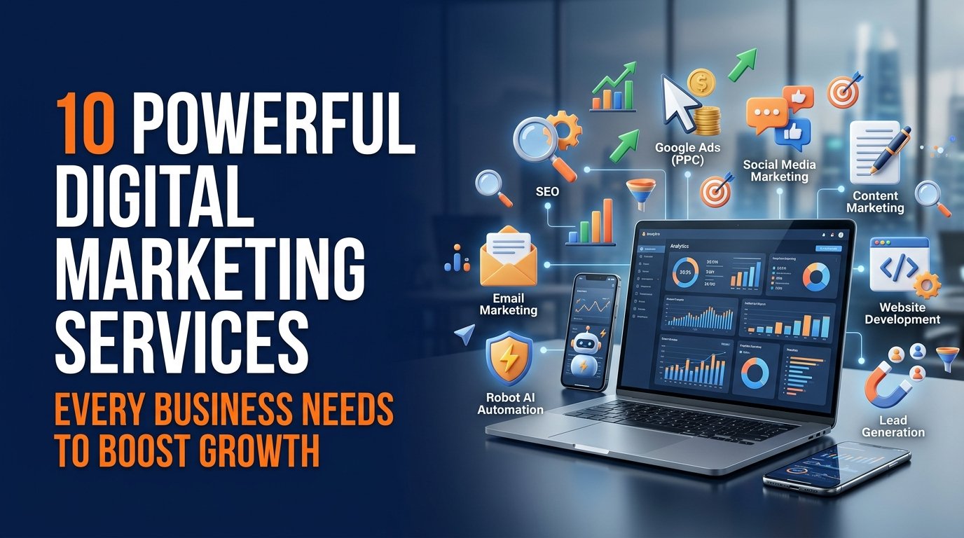 Create a premium, modern blog featured image for the article titled "10 Powerful Digital Marketing Services Every Business Needs to Boost Growth." The design should look like it was created by a top digital marketing agency—not AI-generated. Composition: 16:9 landscape (1600×900 or 1920×1080). Leave 40% clean negative space on the left for the blog title. On the right, display a sleek laptop and smartphone with glowing analytics dashboards. Surround the devices with floating 3D digital marketing icons connected by subtle lines: SEO Google Ads (PPC) Social Media Marketing Content Marketing Email Marketing Website Development Analytics & Reporting Branding AI Automation Lead Generation Include upward growth charts, graphs, target icons, magnifying glass, marketing funnel, and subtle data visualization elements. Add a futuristic city skyline or modern office background with soft depth of field. Color Palette: Deep Navy Blue (#0E2458) Vibrant Orange (#F97316) White Light Gray Soft blue glow accents Style: Premium corporate Clean UI/UX aesthetic High-end SaaS marketing look Realistic 3D elements Glassmorphism cards Cinematic lighting Ultra sharp Professional Minimal yet visually rich Typography: Large bold modern sans-serif headline: 10 Powerful Digital Marketing Services Smaller subtitle: Every Business Needs to Boost Growth White and orange text with excellent contrast. Important: No company logo. No people or faces. No watermark. No clutter. Keep the layout balanced and suitable for a professional business blog. Make it look like a premium hero image used by leading marketing agencies.
