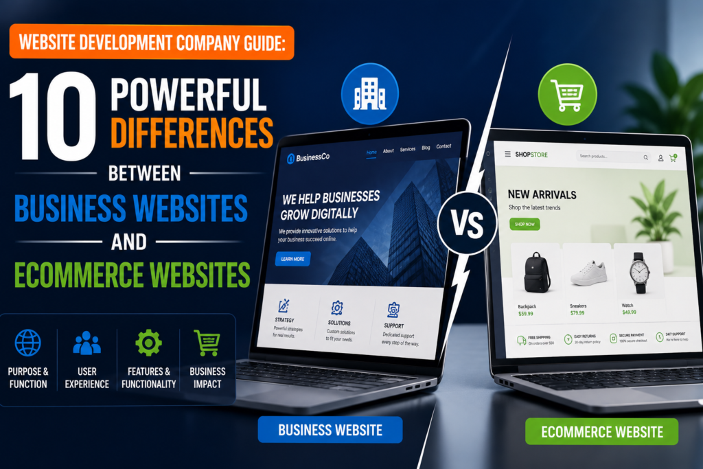 Website Development Company Guide comparing business websites and eCommerce websites, highlighting 10 key differences in purpose, user experience, features, functionality, and business impact.