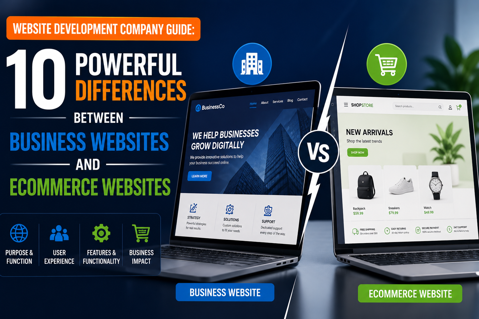 Website Development Company Guide comparing business websites and eCommerce websites, highlighting 10 key differences in purpose, user experience, features, functionality, and business impact.