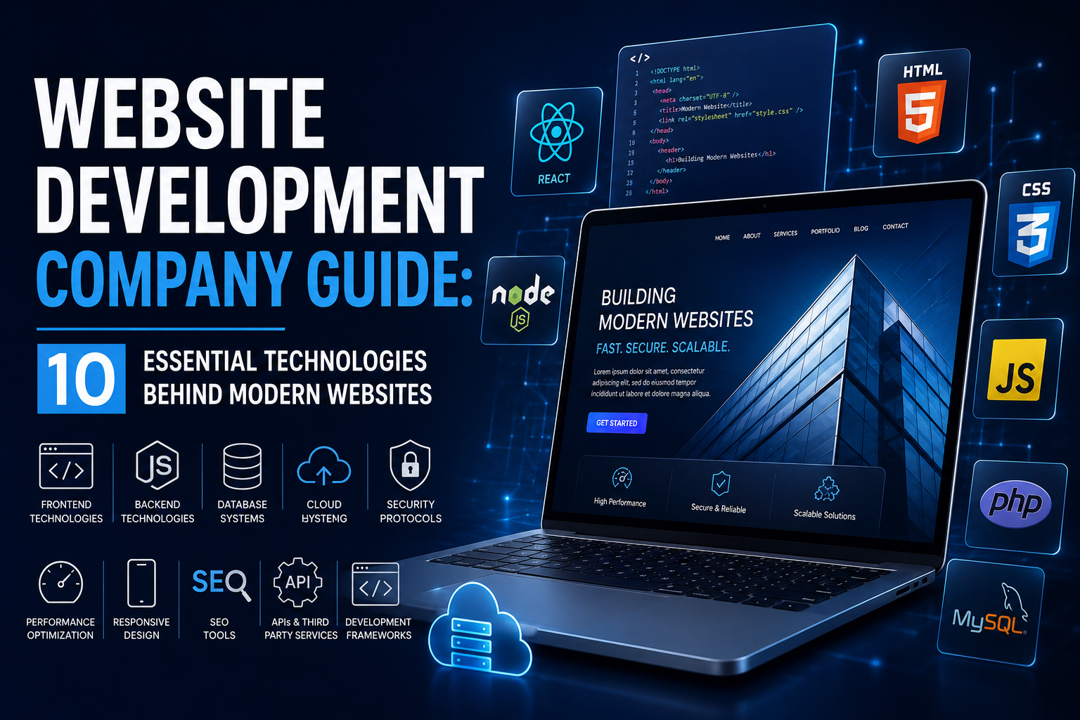 Modern website development illustration showing a laptop with a website interface surrounded by HTML, CSS, JavaScript, React, Node.js, PHP, MySQL, API, SEO, cloud hosting, and responsive design technology icons.